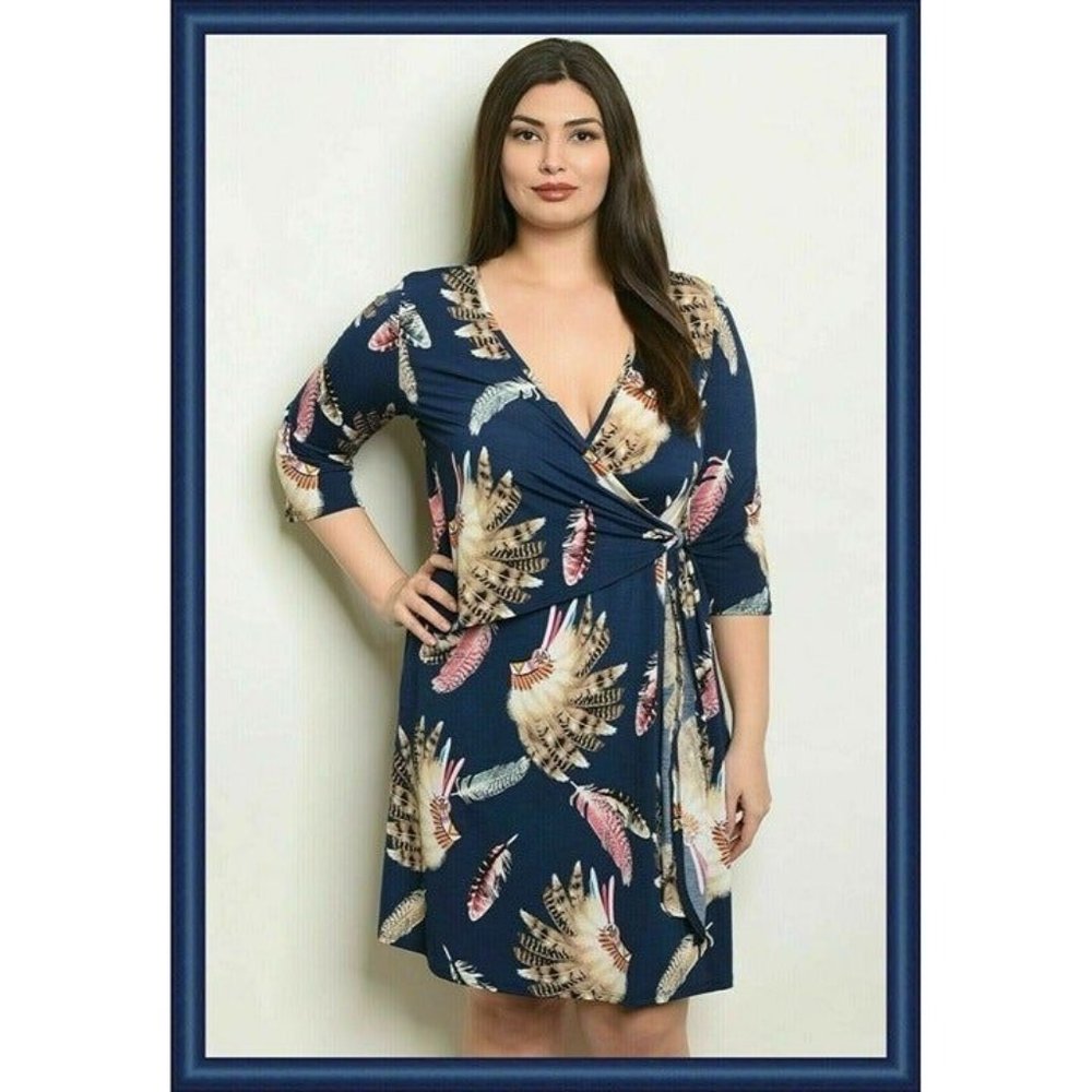 Sexy Women Plus Boho Western Navy Blue Indian Feather Faux Wrap Dress 1X…
